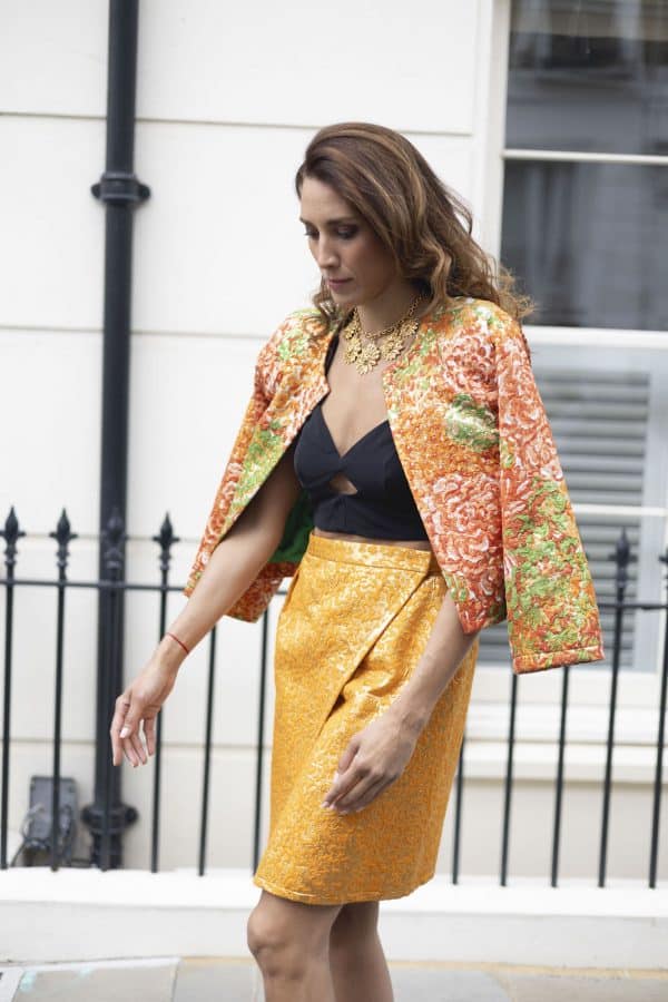 yves saint laurent silk brocade lamé jacket floral skirt suit runway 1989