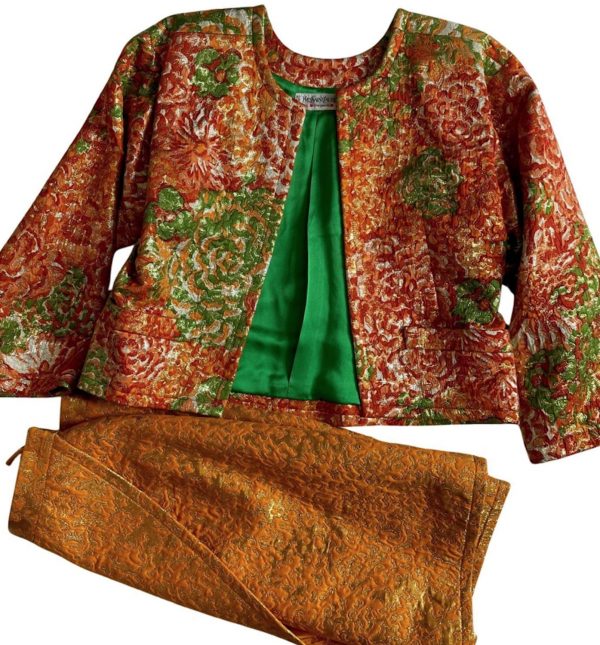 yves saint laurent silk brocade lamé jacket floral skirt suit runway 1989
