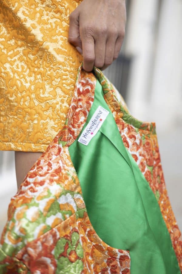 yves saint laurent silk brocade lamé jacket floral skirt suit runway 1989