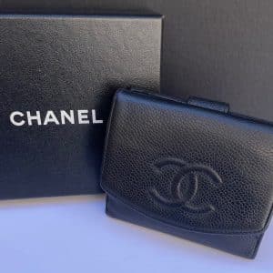 chanel black caviar leather cc logo small snap bifold wallet c.2005 w/box