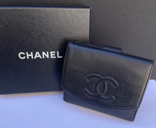 chanel black caviar leather cc logo small snap bifold wallet c.2005 w/box