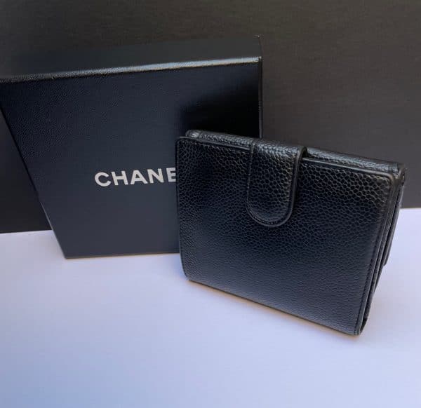 chanel black caviar leather cc logo small snap bifold wallet c.2005 w/box