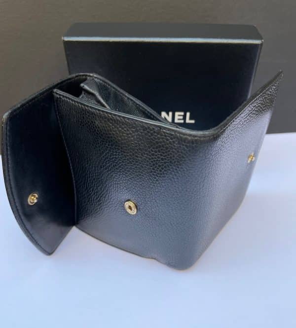 chanel black caviar leather cc logo small snap bifold wallet c.2005 w/box