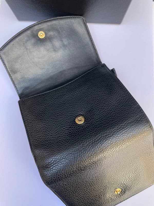 chanel black caviar leather cc logo small snap bifold wallet c.2005 w/box