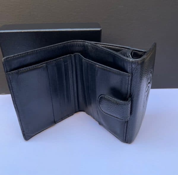 chanel black caviar leather cc logo small snap bifold wallet c.2005 w/box