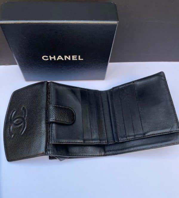 chanel black caviar leather cc logo small snap bifold wallet c.2005 w/box
