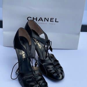 chanel black lace strap heels patent & leather shoes