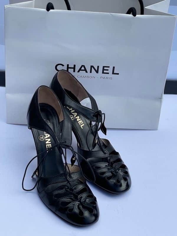 chanel black lace strap heels patent & leather shoes