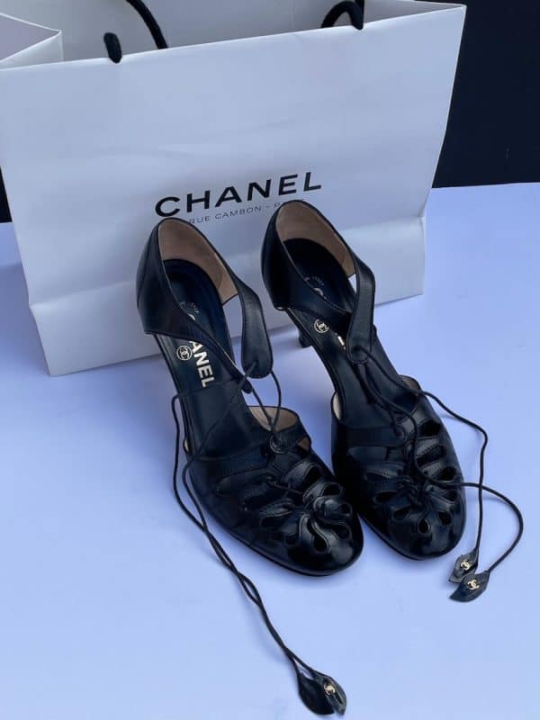 chanel black lace strap heels patent & leather shoes