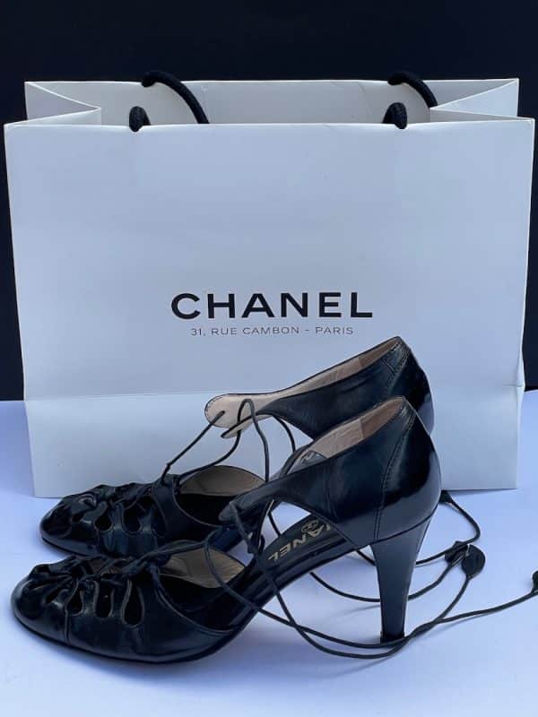 chanel black lace strap heels patent & leather shoes