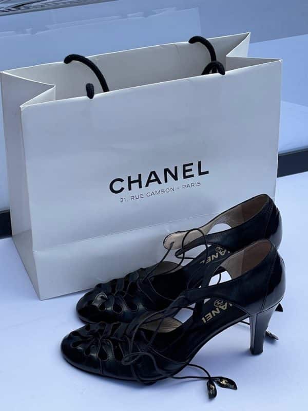 chanel black lace strap heels patent & leather shoes