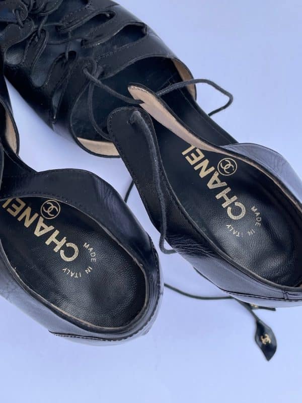 chanel black lace strap heels patent & leather shoes