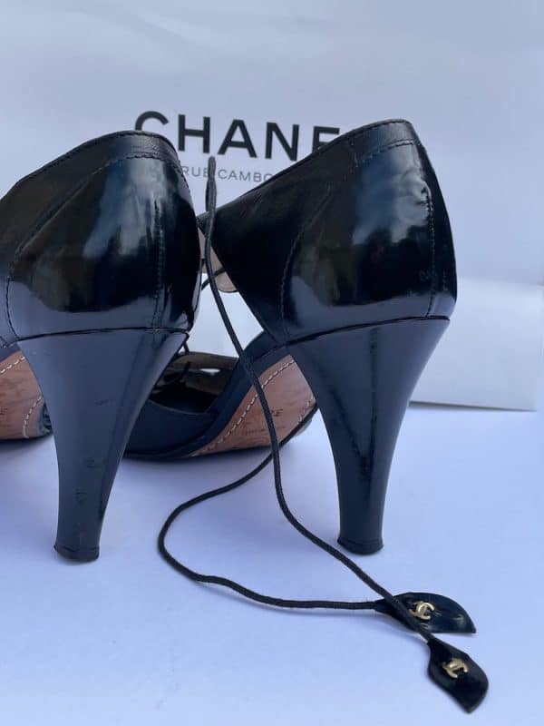 chanel black lace strap heels patent & leather shoes