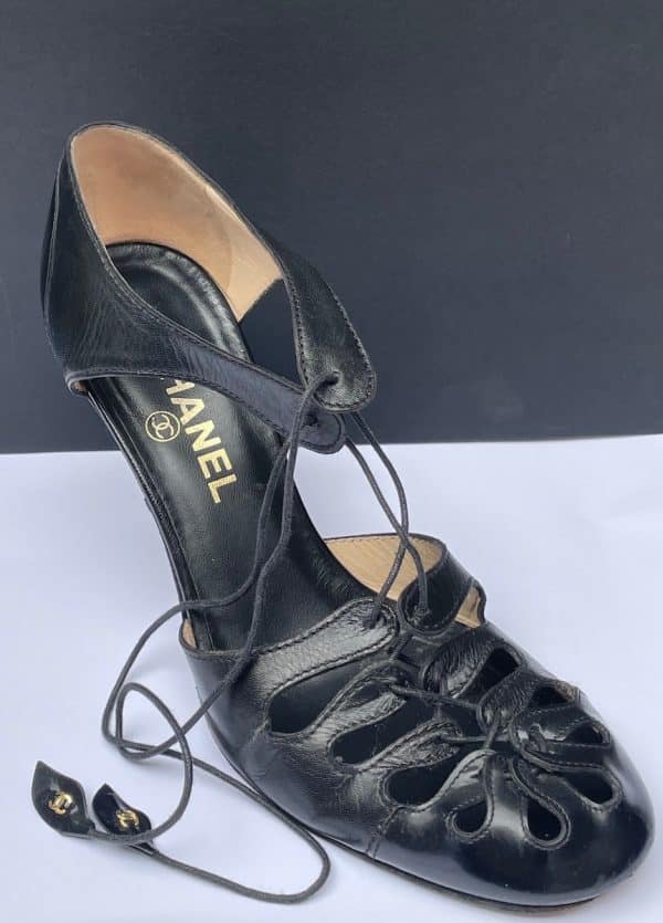 chanel black lace strap heels patent & leather shoes