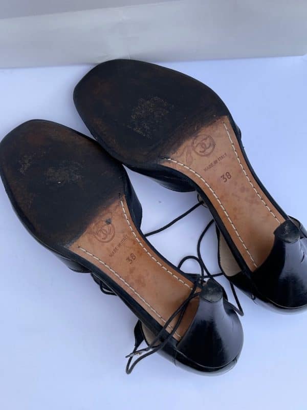 chanel black lace strap heels patent & leather shoes
