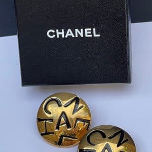 chanel vintage round earrings gold black engraved chanel logo c.1983 w/box