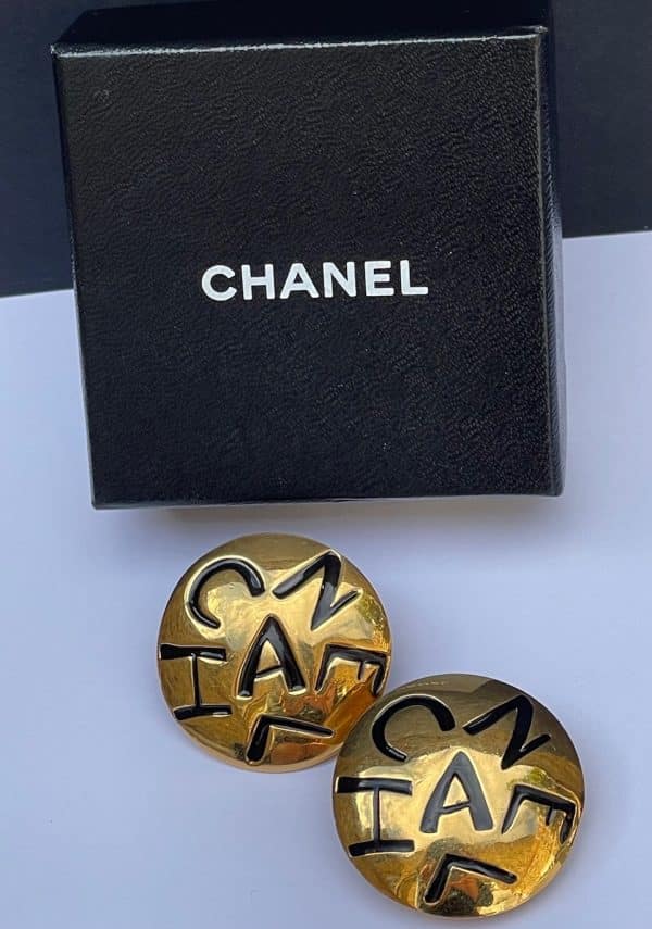 chanel vintage round earrings gold black engraved chanel logo c.1983 w/box