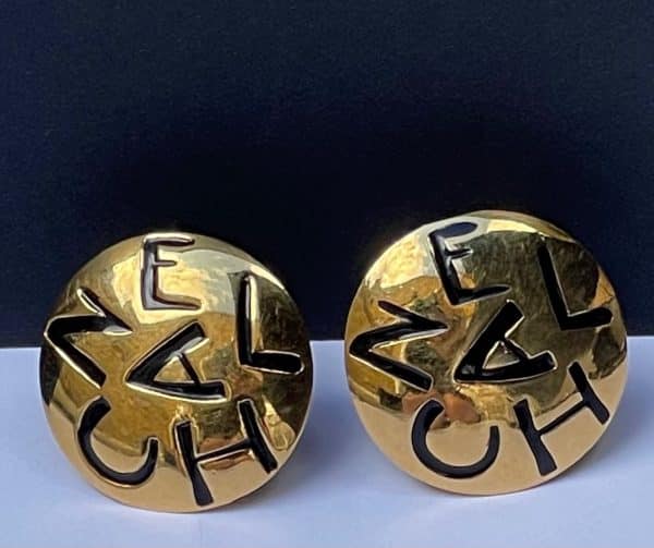 chanel vintage round earrings gold black engraved chanel logo c.1983 w/box