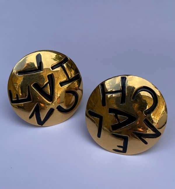 chanel vintage round earrings gold black engraved chanel logo c.1983 w/box