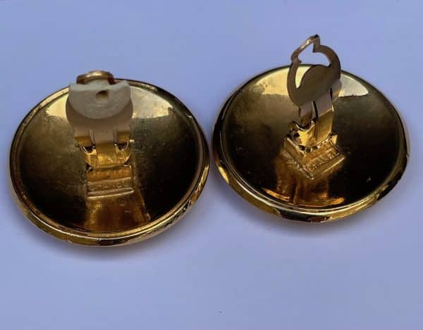 chanel vintage round earrings gold black engraved chanel logo c.1983 w/box