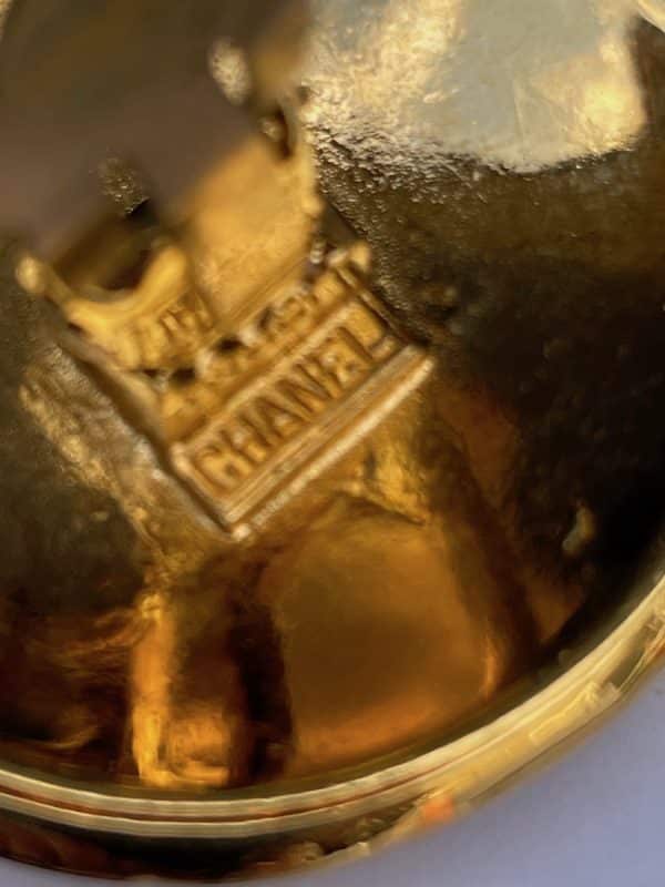 chanel vintage round earrings gold black engraved chanel logo c.1983 w/box