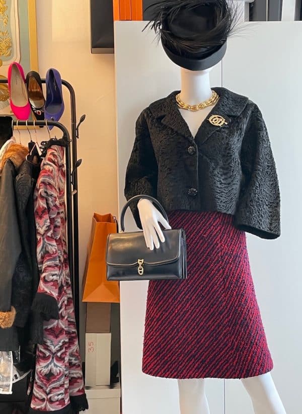 christian dior astrakhan fur black wrap flared coat c.1950s