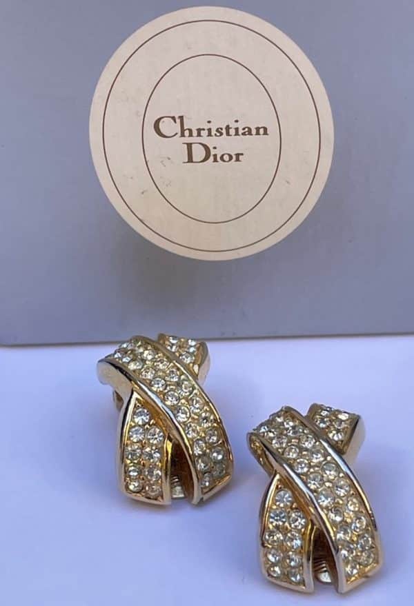 christian dior vintage criss cross clip on crystals earrings c.1980s