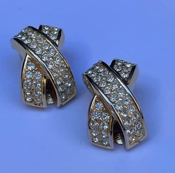 christian dior vintage criss cross clip on crystals earrings c.1980s