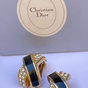 christian dior vintage criss cross clip on enamel gold crystals earrings c.1980s