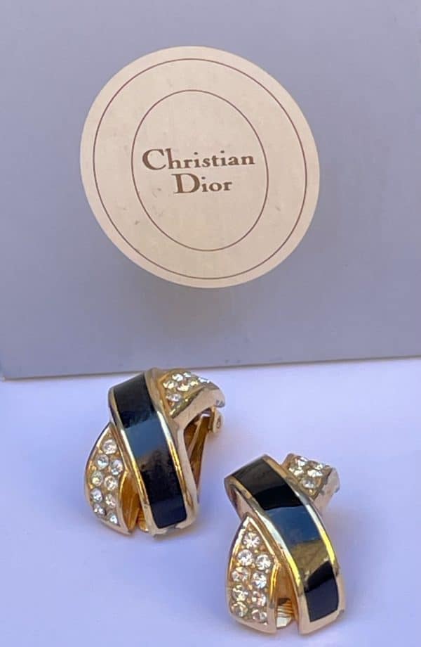 christian dior vintage criss cross clip on enamel gold crystals earrings c.1980s