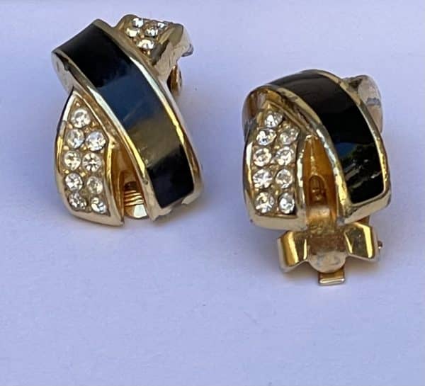 christian dior vintage criss cross clip on enamel gold crystals earrings c.1980s