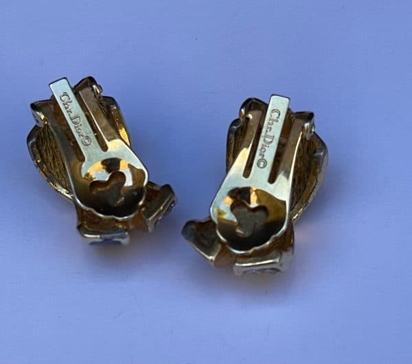 christian dior vintage criss cross clip on enamel gold crystals earrings c.1980s