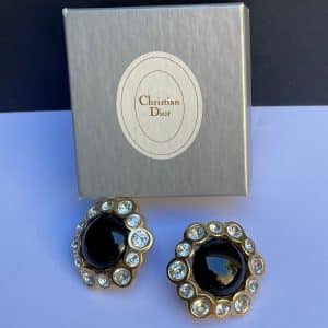 christian dior vintage flower crystals onyx gold clip earrings c.1980s w/box
