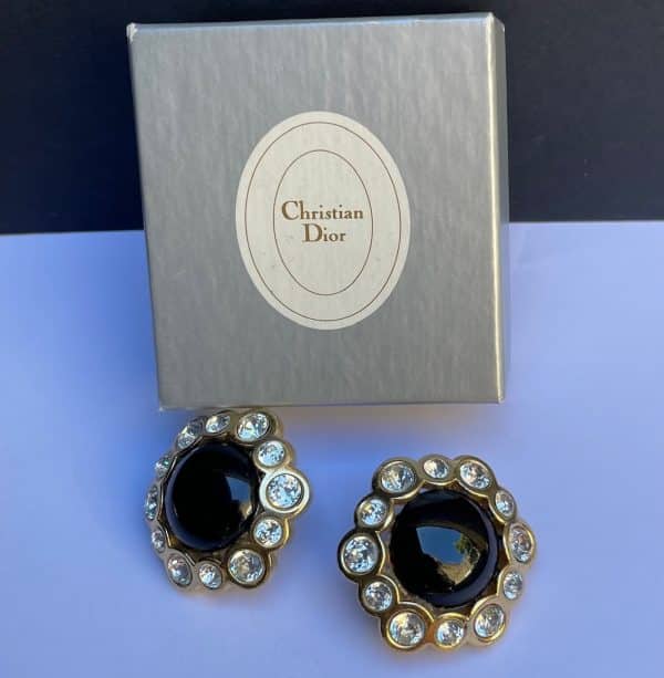 christian dior vintage flower crystals onyx gold clip earrings c.1980s w/box