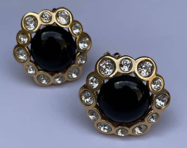 christian dior vintage flower crystals onyx gold clip earrings c.1980s w/box