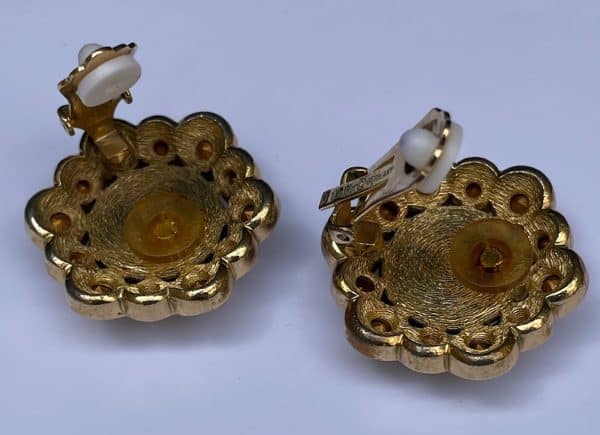 christian dior vintage flower crystals onyx gold clip earrings c.1980s w/box