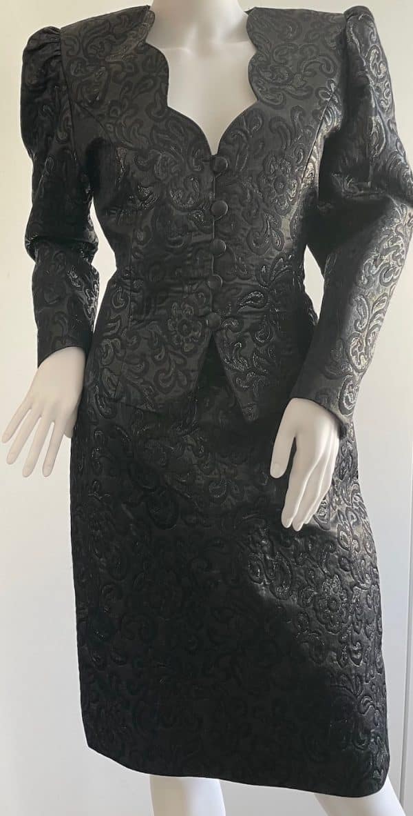 guy laroche vintage black skirt suit jacquard w/embroidery c.1980s