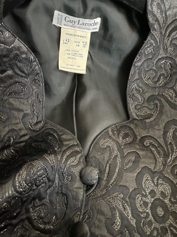 guy laroche vintage black skirt suit jacquard w/embroidery c.1980s