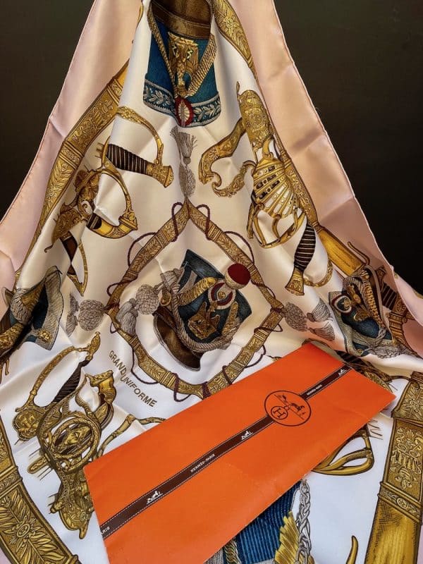 hermÈs vintage silk scarf grand uniforme pink gold by joachim metz 1985