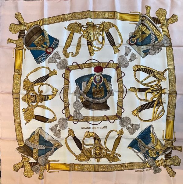 hermÈs vintage silk scarf grand uniforme pink gold by joachim metz 1985
