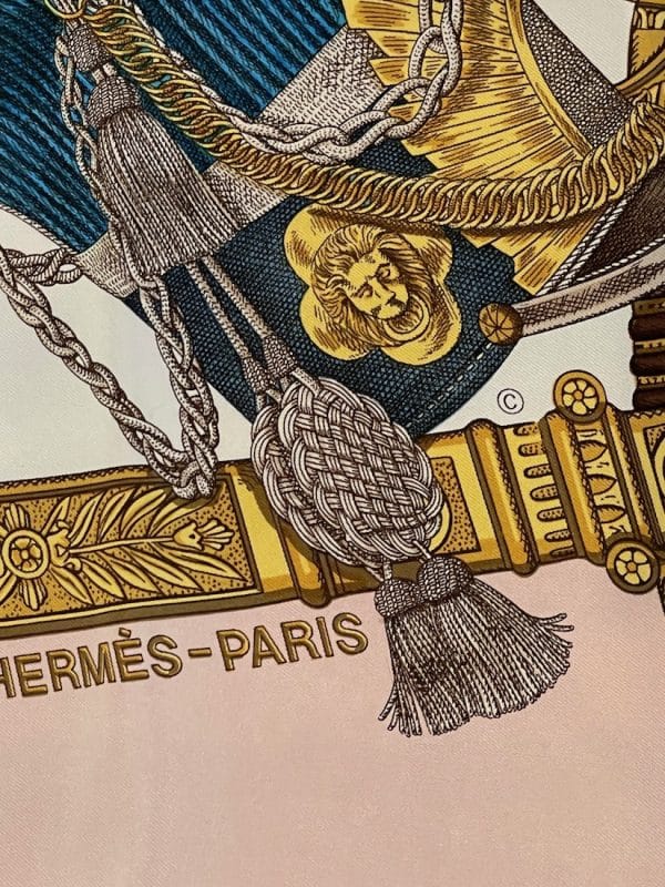 hermÈs vintage silk scarf grand uniforme pink gold by joachim metz 1985