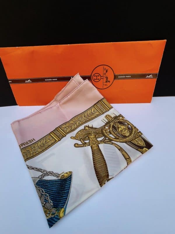 hermÈs vintage silk scarf grand uniforme pink gold by joachim metz 1985