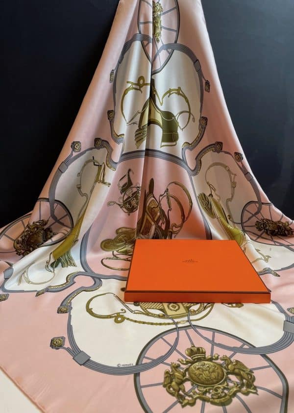 hermÈs vintage silk scarf springs pink gold by philippe ledoux c.1974 w/box