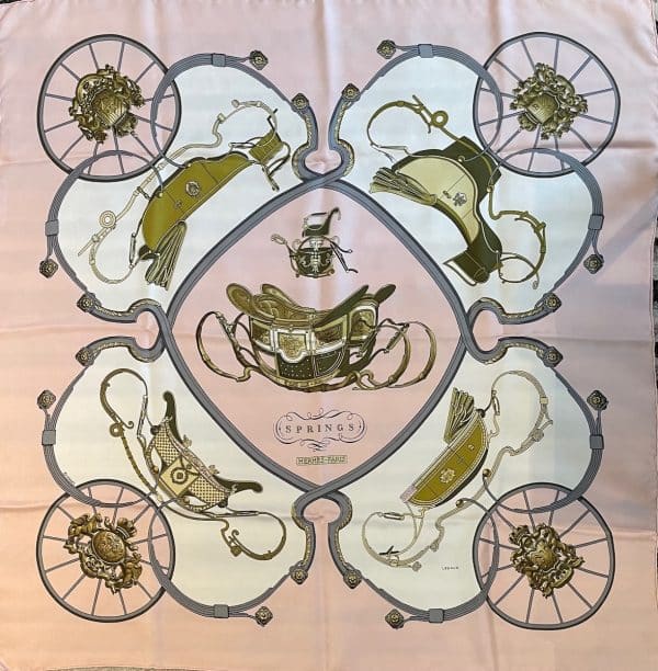 hermÈs vintage silk scarf springs pink gold by philippe ledoux c.1974 w/box