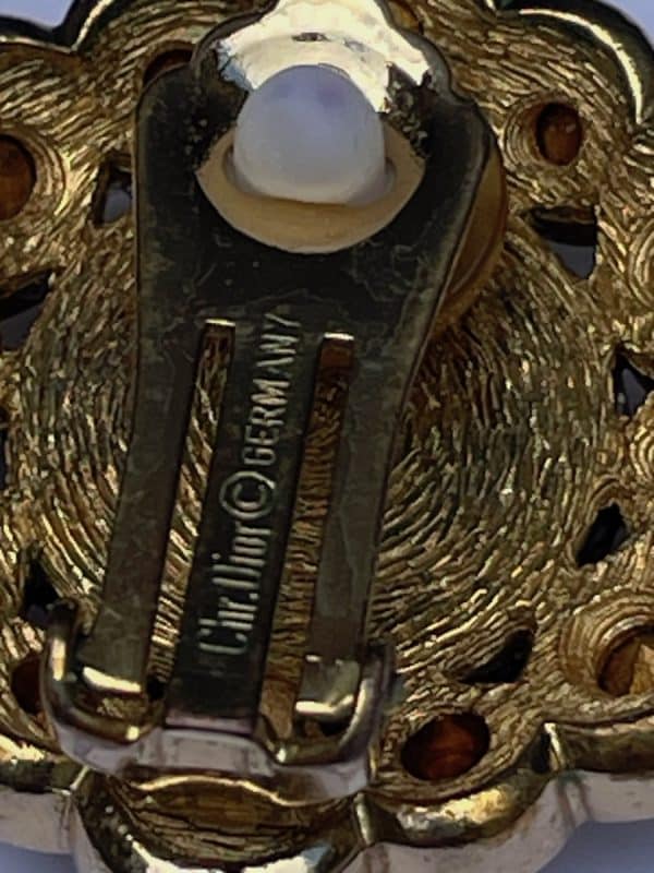 christian dior vintage flower crystals onyx gold clip earrings c.1980s w/box