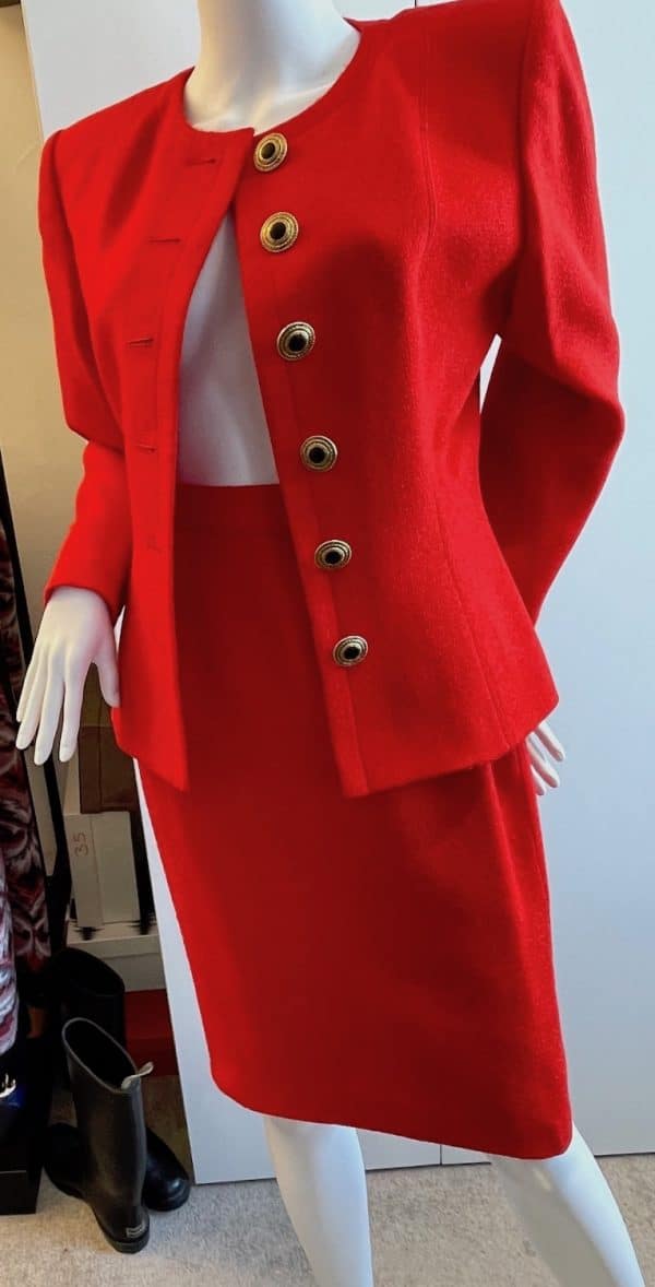 yves saint laurent variation vintage red tweed suit jewel buttons 1992
