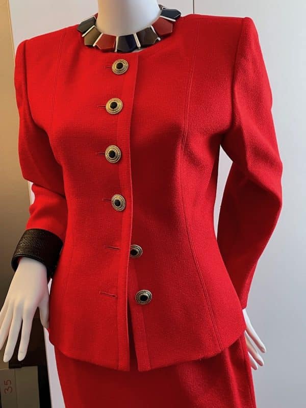 yves saint laurent variation vintage red tweed suit jewel buttons 1992