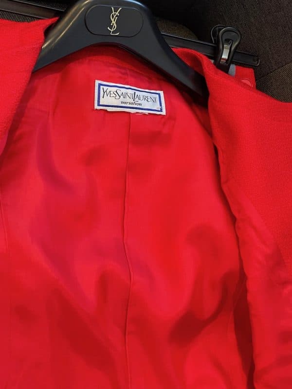 yves saint laurent variation vintage red tweed suit jewel buttons 1992
