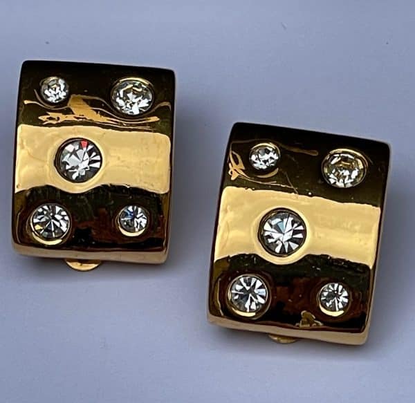yves saint laurent ysl earrings rectangular gold tone & crystals c.1980s