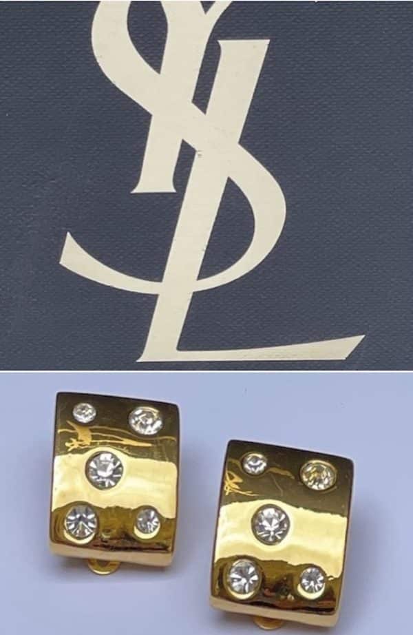 yves saint laurent ysl earrings rectangular gold tone & crystals c.1980s